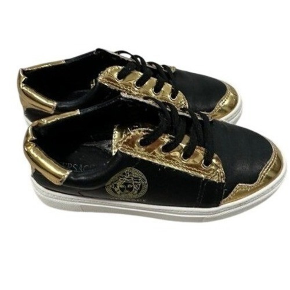 Versace Medusa Black Gold Leather Lace Up Kids Sneakers Shoes Size 32 US 1